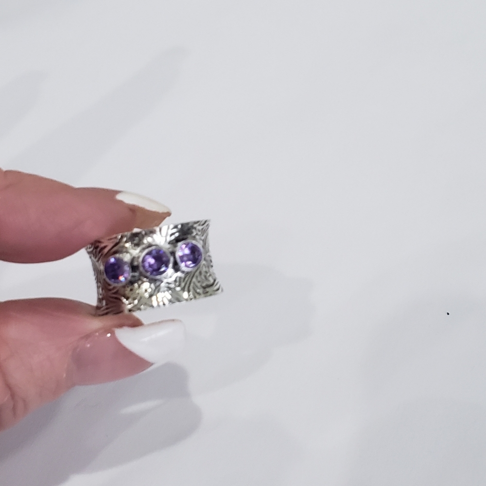 Amethyst ring, 925 silver amethyst ring, silver amethyst wide band ring - Picture 6 of 12